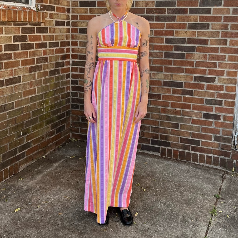 70s Seersucker Sherbet Halter Maxi Dress